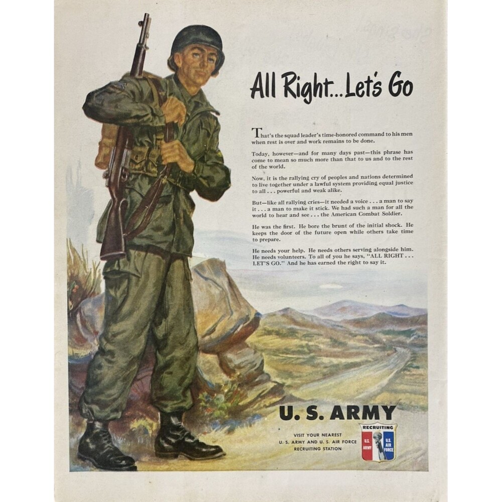 U.S. ARMY "All Right-Let's Go" Visit Recruiting Station Today Vtg Print Ad 1951